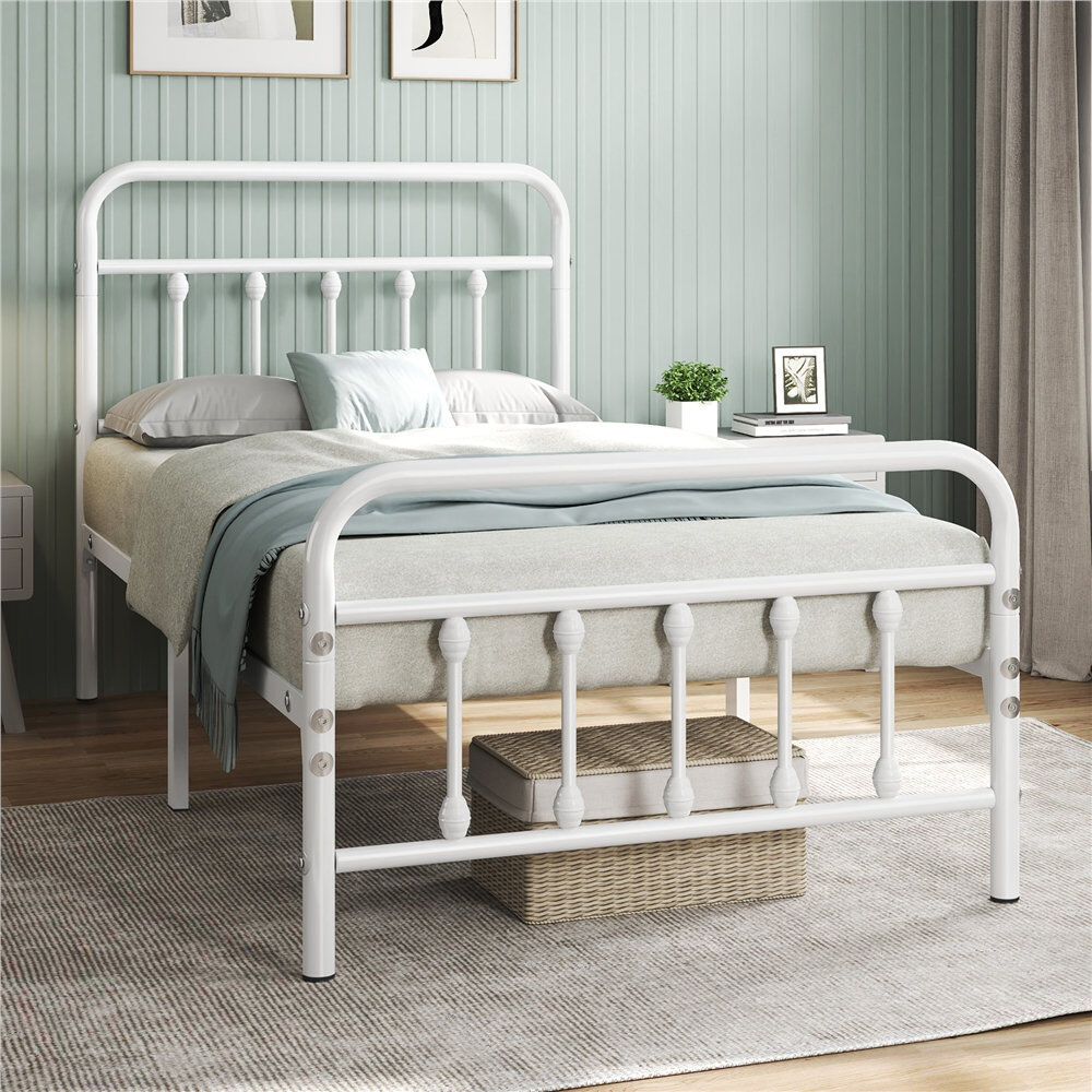 Yaheetech Metal Bed Frame with Vintage Headboard White Single (3')