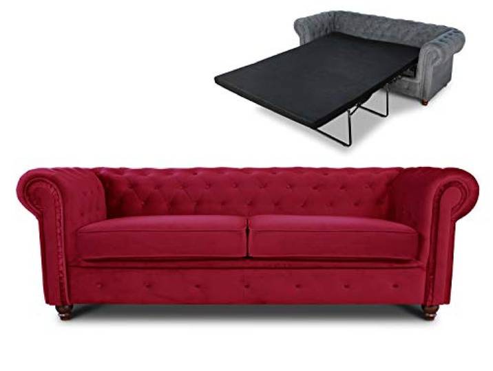 Sofnet - Schlafsofa Chesterfield Asti Bis 3-Sitzer (Rot, Velvet 59) Bettsofa, Sofa mit Schlaffunktion, 3-Sitzer, Couch, Bettfunktion, Veloursstoff, Holzfüße, Chesterfield Stil