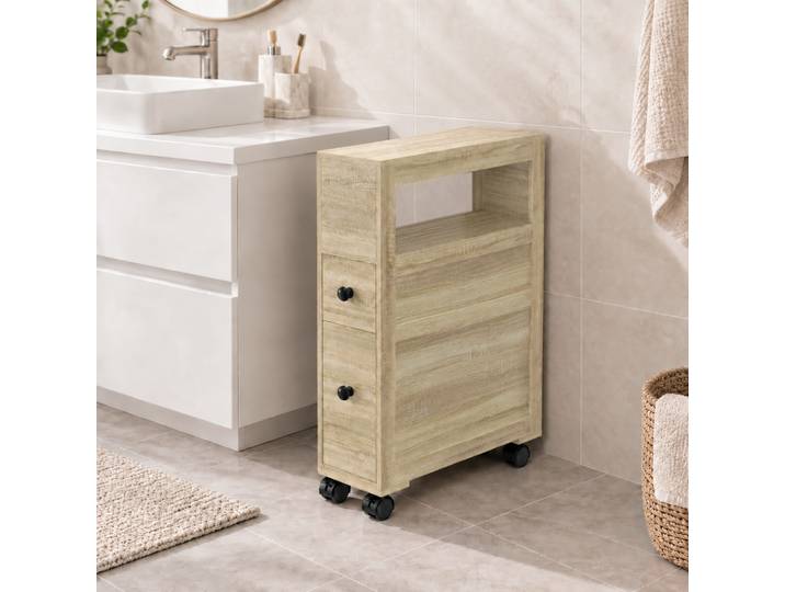 HOMCOM Armoire WC Chêne 2 Tiroirs 16x52x71,5cm sur Roulette
