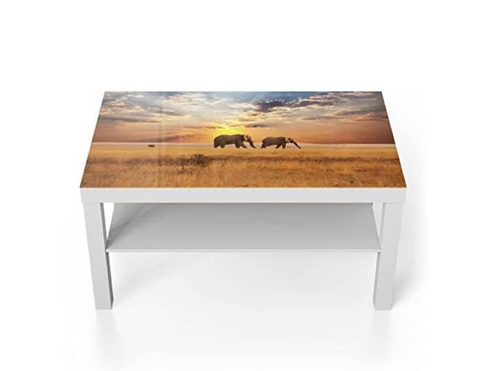 DEQORI Glastisch weiß groß 90x50 cm Motiv Elefanten in der Steppe ausgefallener Beistelltisch aus Glas Hochglanz Couchtisch fürs Wohnzimmer moderner Couch Tisch mit Design