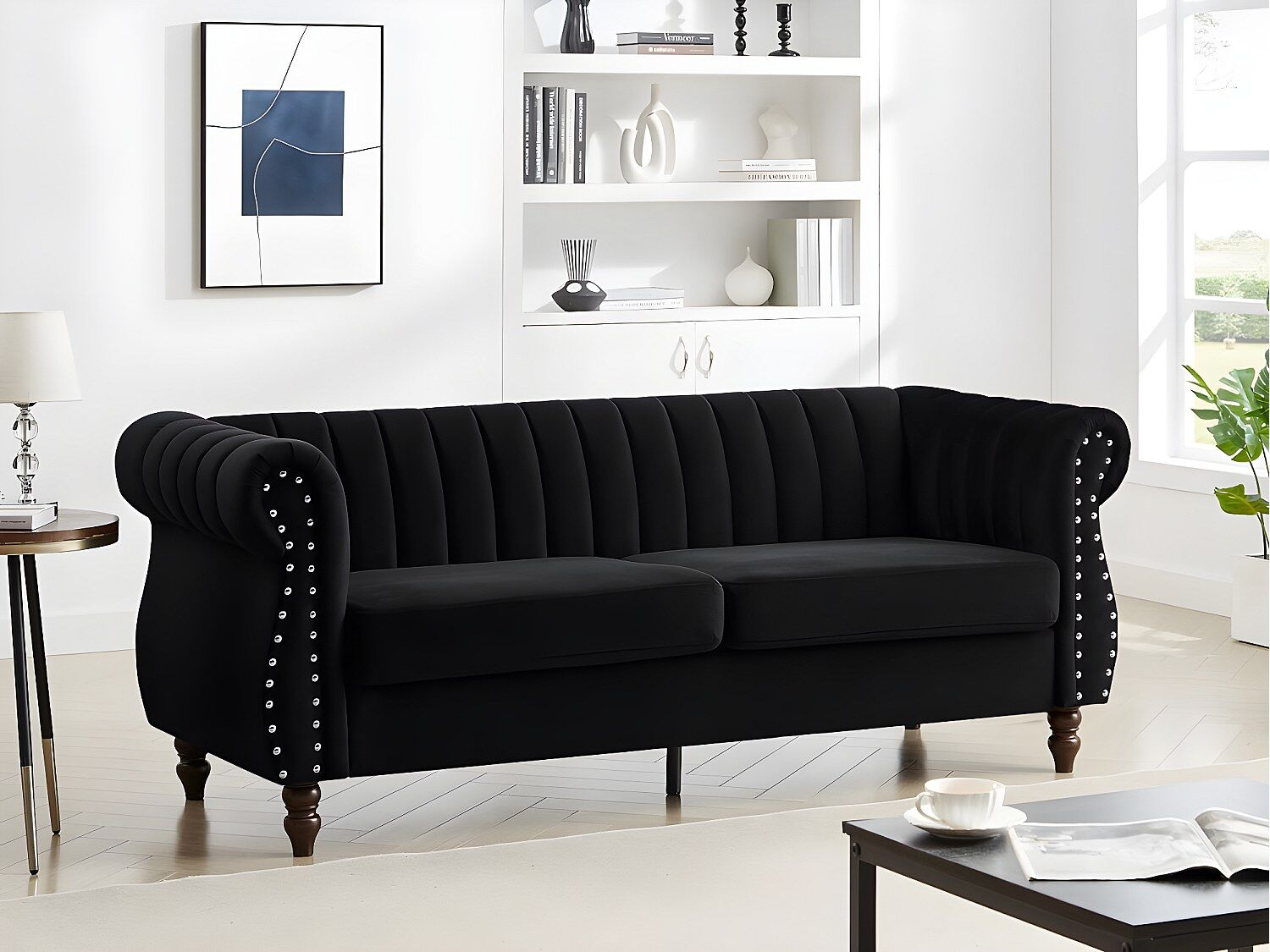 Unique Sofá chesterfield 3 plazas de terciopelo negro TRUMBO