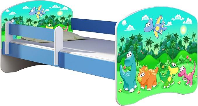 Kinderbett Jugendbett mit Einer Schublade und Matratze Blau mit Rausfallschutz Lattenrost II 140x70 160x80 180x80 (30 Dino, 140x70)