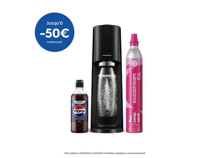 Machine à eau pétillante Terra Noire + 1 bouteille + 1 CO2 + 1 concentré Pepsi Zéro Sucres 440ml SODASTREAM