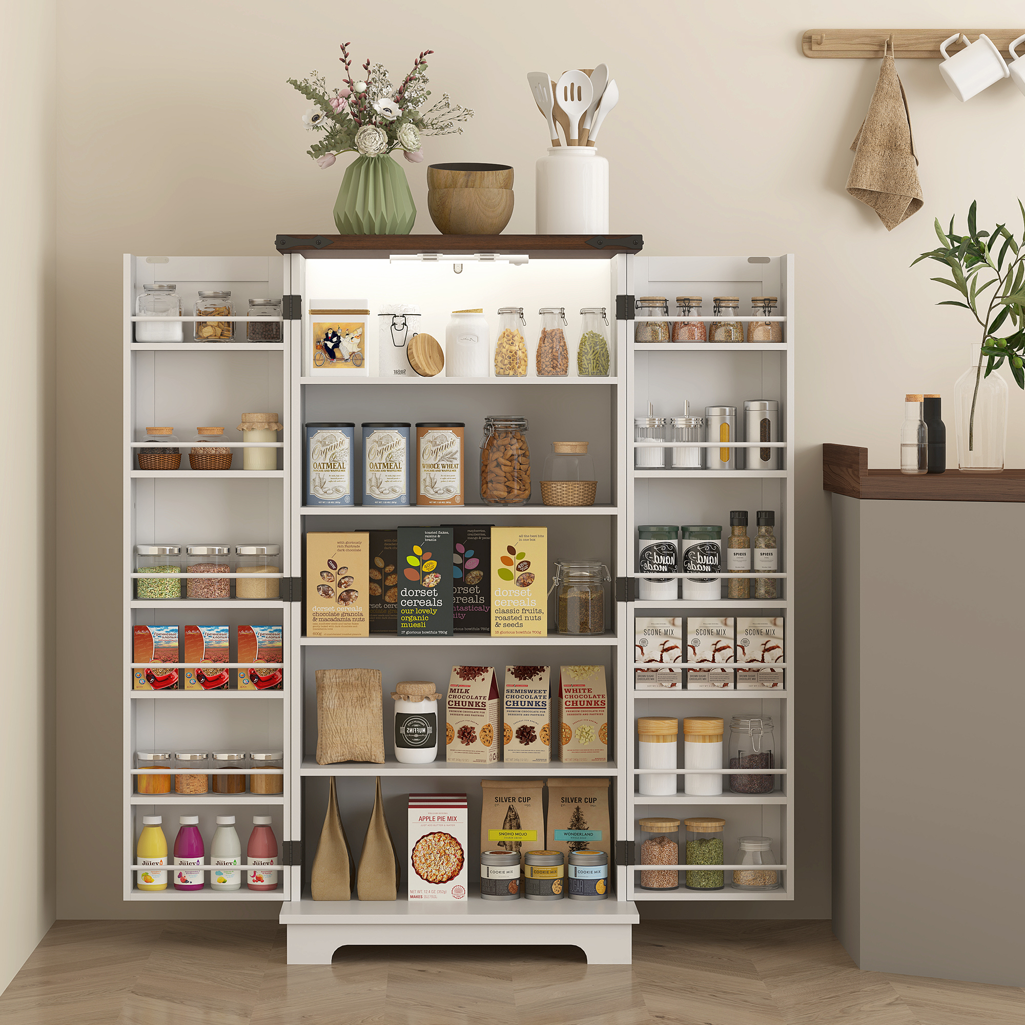 Homcom Buffet da Cucina, Mobile da Cucina per Riporre, con 12 Ripiani sulle Ante e Luce LED Magnetica, 60x40x120 cm, Bianco   Aosom Italy