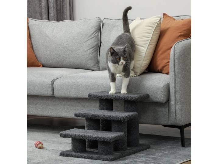 PawHut Escalier 3 Marches Chat Chien 45x35x34cm Gris