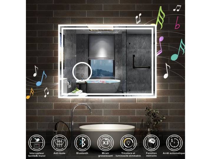 AICA Miroir salle de bain Bluetooth 80x60cm tricolore avec loupe 3x dimmable mémoire et anti-buée IP44 Miroir LED