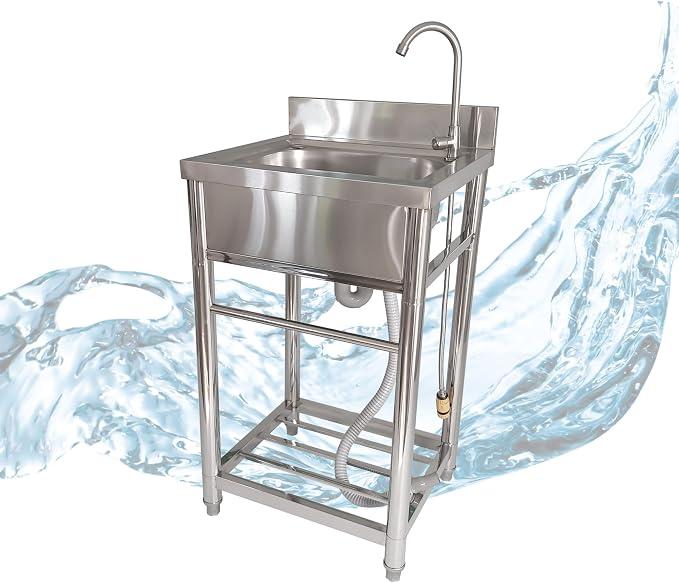 Spültisch freistehend - Edelstahl Spültisch mit Wasserhahn, Gartenschlauch-Anschluss, mobiler Spültisch für Outdoorküche, Gastro und Camping, freistehende Küchenspüle mit Ablage