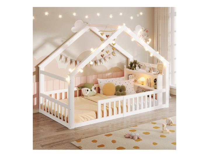 OKWISH Kinderbett Holzbett Funktionsbett (mit Hausform, integrierten Regalen & Sicherheitsgeländer, 90×190 cm), ohne Matratze