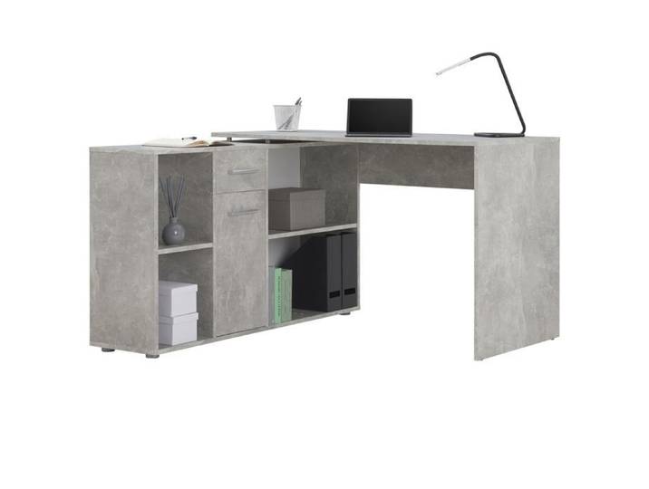 Bureau d'angle CARMEN table avec meuble de rangement intégré 4 étagères 1 porte et 1 tiroir décor béton