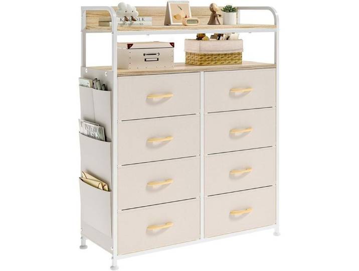 Commode 8 Tiroirs En Tissu Commode Chambre NETTAESENO Commode En Tissu Meuble de Rangement 29 x 80 x 100 cm Métal & MDF Beige