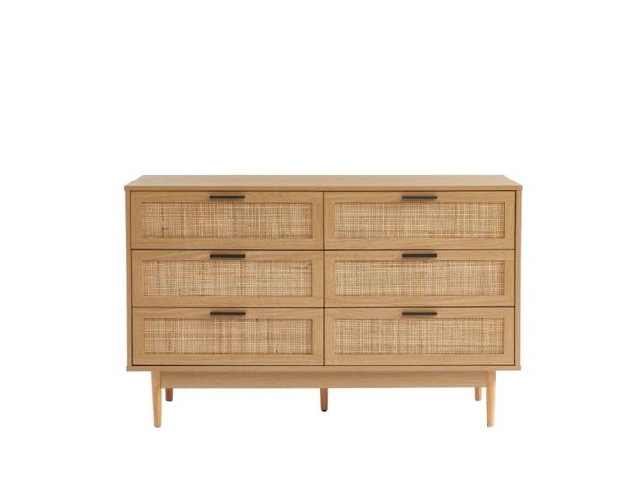 Commode effet chêne et cannage rotin 6 tiroirs