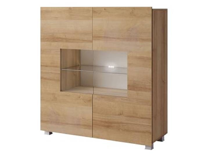 Mirjan24 Kommode Calabrini BR01 mit 2 Türen (Eiche Gold, weißer LED) Moderne grifflose Kommode mit gehärtetem Glas und viel Stauraum für Wohn- und Schlafzimmer
