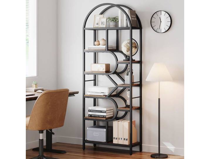 Bibliothèque voûtée 6 niveaux 82 pouces haut cadre métal géométrique blanc et or présentoir ouvert salon bureau