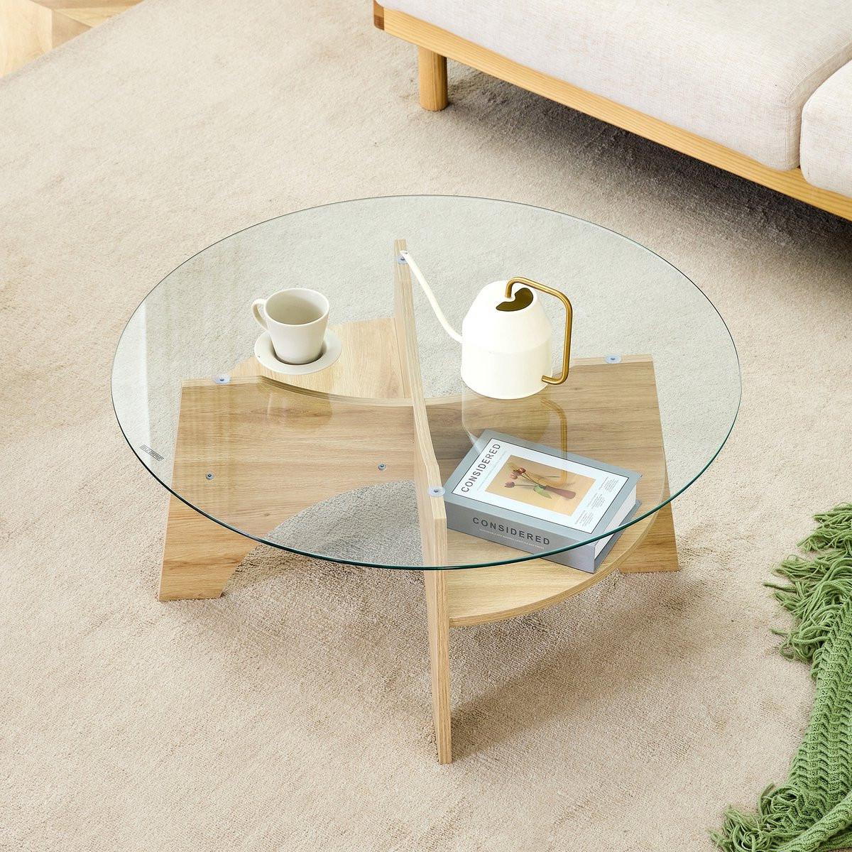STILVORA Salontafel - Ronde Glazen Tafel met Veiligheidsglas en MDF - Transparant - B: 80 cm, H: 36 cm