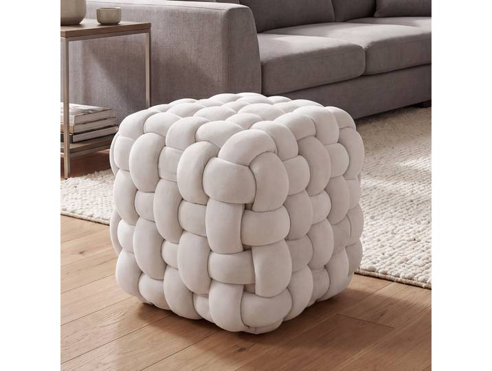 Pouf Hwc-q48\, Pouf Ottomane Rembourré À Noeuds\, Velours (220 G/m2) 39 Cm - Beige