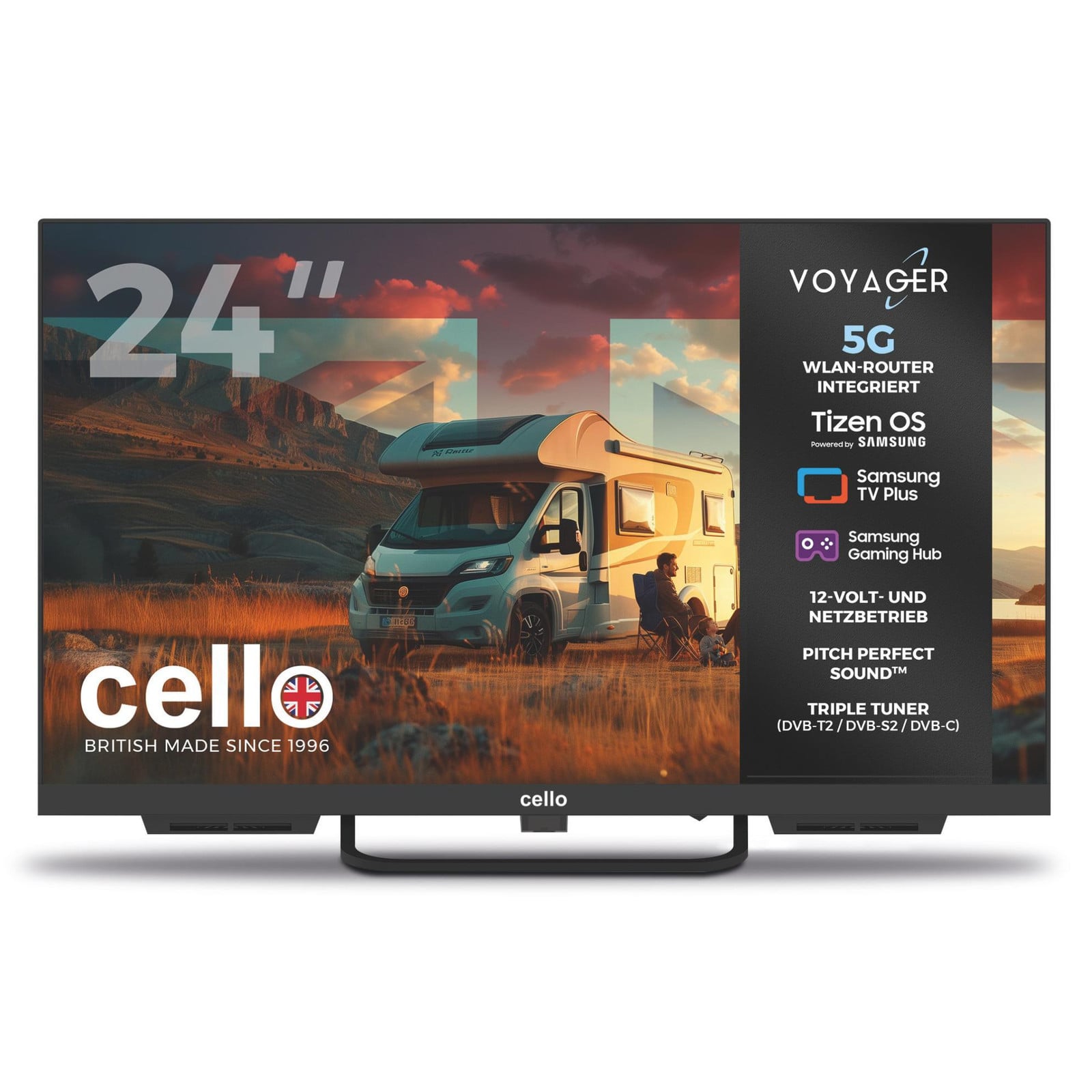 Cello Voyager Traveller Smart-TV 24 inch met Tizen OS, ingebouwde 5G-router en triple tuner, LED-televisie voor campers en caravans