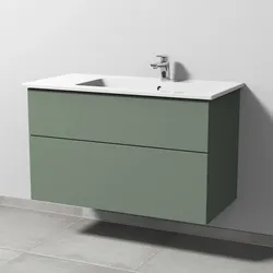 Keramik-Waschtisch-Set mit Waschtischunterschrank „3way“ 95,5 × 47,7 × 59,1 cm in Soft-Green, mit Hahnlochbohrung, Becken rechts
