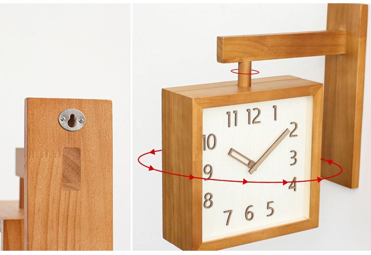 Dailygoods Wandklok - Stille analoge dubbelzijdige wandklok - Donkere houtkleur - Vintage design