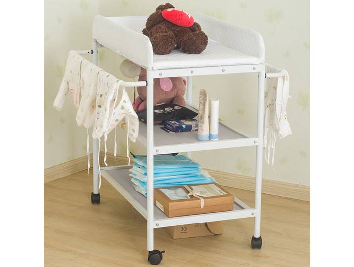 Étagère à Langer Largeur: 48 cm Table à Langer 4 Roulettes de Blocage Commode à Langer pour Bébé avec 2 Étagères, Ceinture de Sécurité, Blanc
