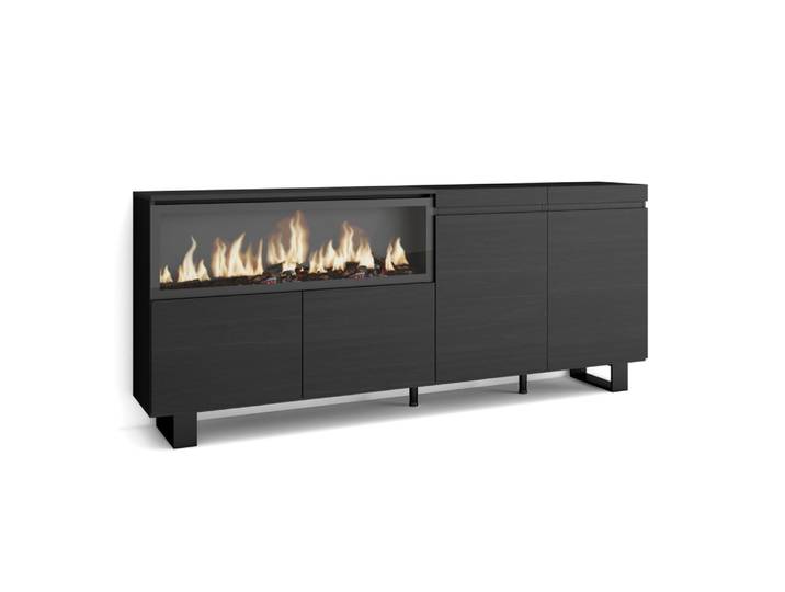 Buffet effet bois noir 208x35x87cm cheminée effet feu xxl