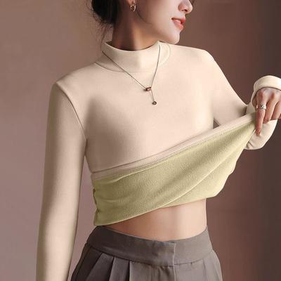 Inspire Daily Merch Thickened Velvet Lining Women's Sweater Autumn Winter Thermal Long sleeved Bottoming Shirt beige l