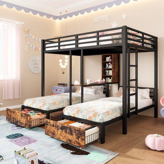 Dreier-Stapelbett, 140 x 200 cm + 90 x 200 cm, 3 Betten, mit Seitenlehnen, mit Aufbewahrungsboxen, 2 Schubladen, Holz, ohne Matratze, schwarz