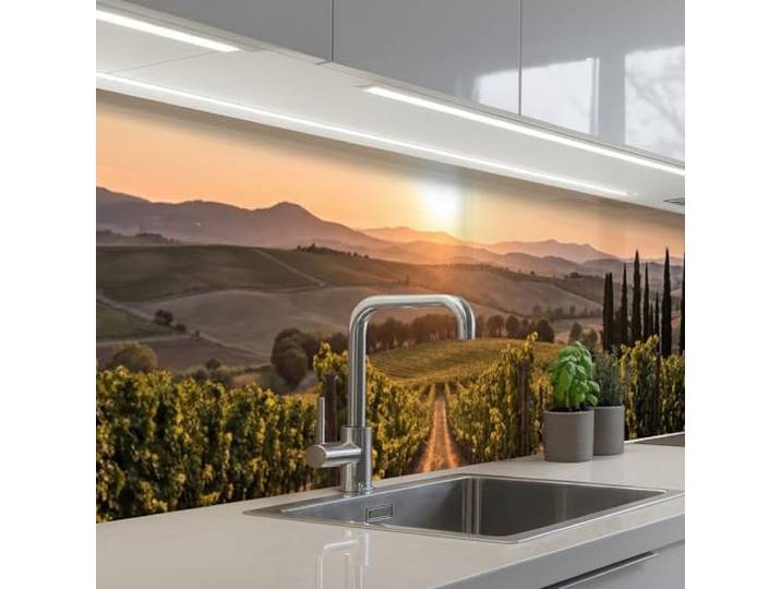 KitchenYeah© Spritzschutz Küche Küchen Rückwand Küchendeko Wand Wandschutz 60x300 cm - Selbstklebend Backsplash Kitchen Peel And Stick Weinberg - Sonnenuntergang - Landschaft
