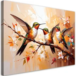 LEINWANDBILD Bunte Kolibris Vögel auf beigem Hintergrund 100x70cm