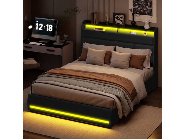 Lit LED 160x200 avec rangement – Cadre de lit deux places avec sommier – PU – Lit rembourré – Tête de lit avec rangement – Noir