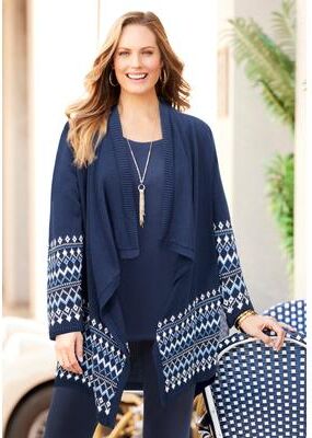 Plus Size Women's Fair Isle Cascade Cardigan by Catherines in Navy Fair Isle Border (Size 2X)