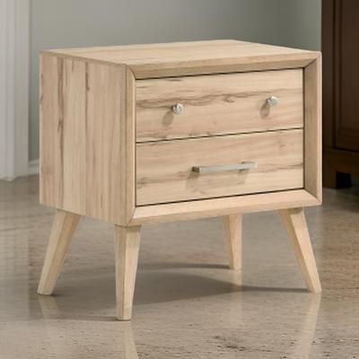 Benjara Kali 27 Inch Nightstand, 2 Drawers, Nickel Handles, Oak Brown Solid Wood