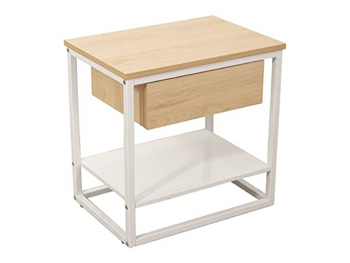 DRW Beistelltisch mit 1 Schublade aus Metall und MDF, in Natur und Weiß, 50 x 35 x 50 cm