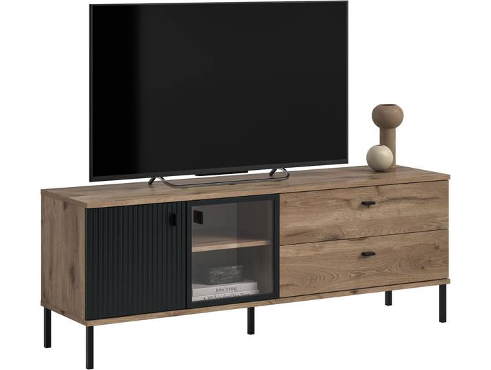 Lowboard HOME AFFAIRE TREVERK, Breite: 154 cm, hochwertige MDF-Front schwarz tiefzieh , nox oak nachbildung, schwarz tiefzieh, B:154cm H:57cm T:41cm, Sideboards, Lowboard, Lowboard, Wohnzimmer, Esszimmer