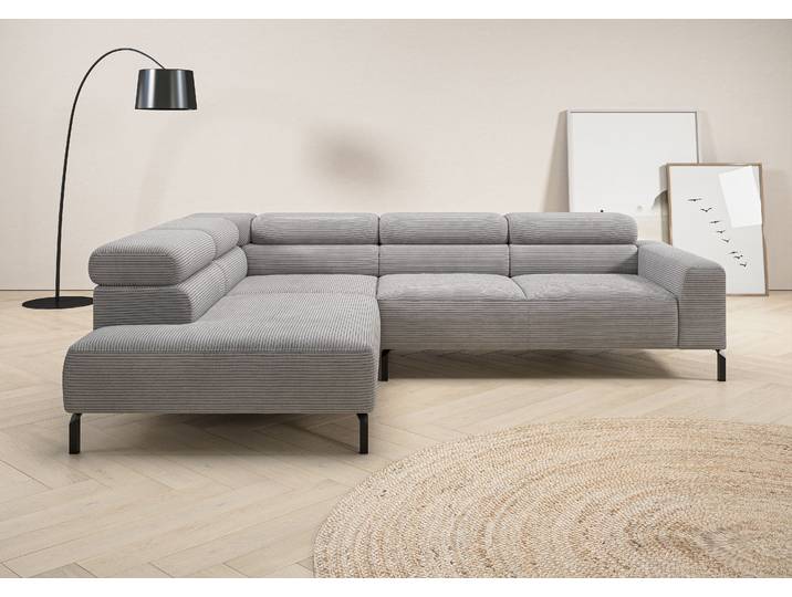 Ecksofa, Cord, Grau 276×219 cm, Elektrische Sitztiefenverstellung, Modern, Places of Style