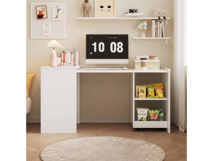 Bureau Pliant Blanc 2-En-1 Secretaire Compact FloraGrace Pour Bureau Ou Chambre Avec 2 Niches Ouvertes 126x55x75cm