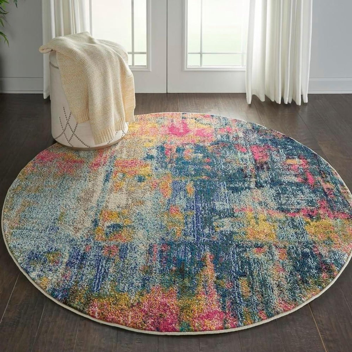Abstract Rond Vloerkleed Modern Polypropyleen Blauw Geel