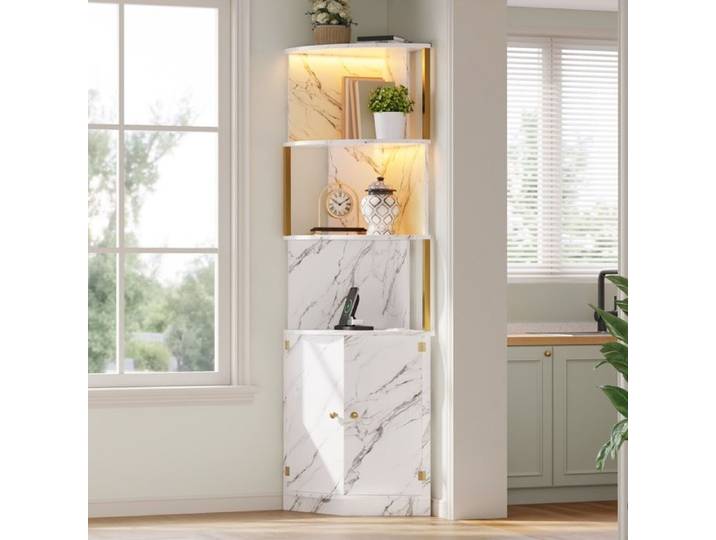 Luscriate - Vitrine Meuble d'angle 38x38x180 cm LED prises 2 portes – blanc/marbre
