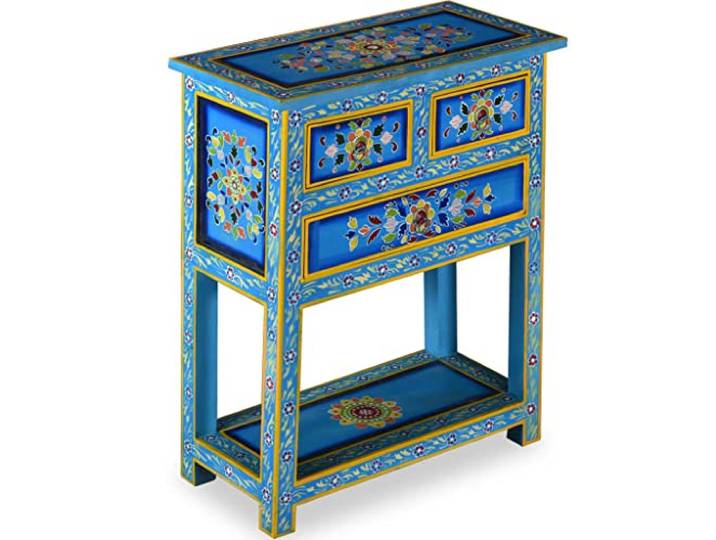 KKgypkn Sideboard Massivholz Mango 3 Schubladen 1 Ablage Türkis Handbemalt, Retro Stil, Beistellschrank, Montagefrei, Wohnzimmer