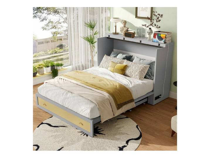 Odikalo Schrankbett Polsterbett Schubladen Regal Kopfende USB Umbaubares 140x200 Grau Weiß