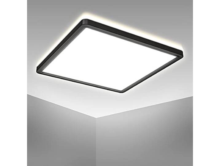 B.K.Licht - Deckenlampe mit indirektem Licht, ultraflach, neutralweiße Lichtfarbe, LED Panel, Deckenleuchte, Lampe, Wohnzimmerlampe, Schlafzimmerlampe, Küchenlampe, 29,3x29,3x2,8, Schwarz