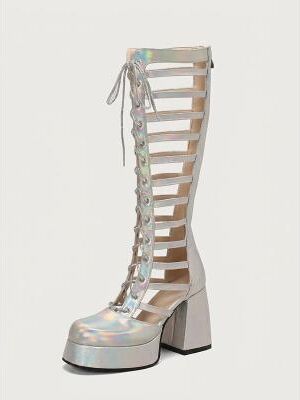 LightInthebox Women's Metallic Holographic Gladiator Knee High Boots - Platform Lace Up Cut Out Chunky High Heel Sandals for Music Festivals, Nightclubs Rave Parties