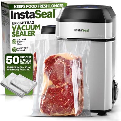 "InstaSeal Vacuum Sealer Machine Upright Suction Base with 50 Food Saver Bag - 9""H X 5"" W X 5"" D"