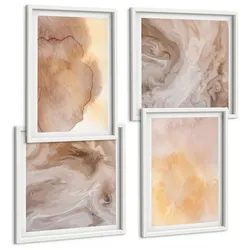 BILDER SET 4er Set - 50x50 cm & 40x60 cm Weißer Rahmen - Warme Aquarellfarben auf Leinwand