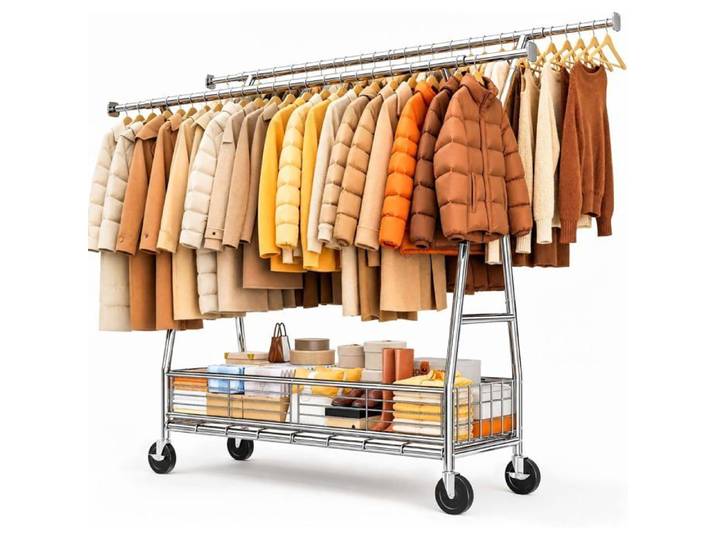 Portant à vêtements double extensible avec roulettes et panier capacité 200kg chromé