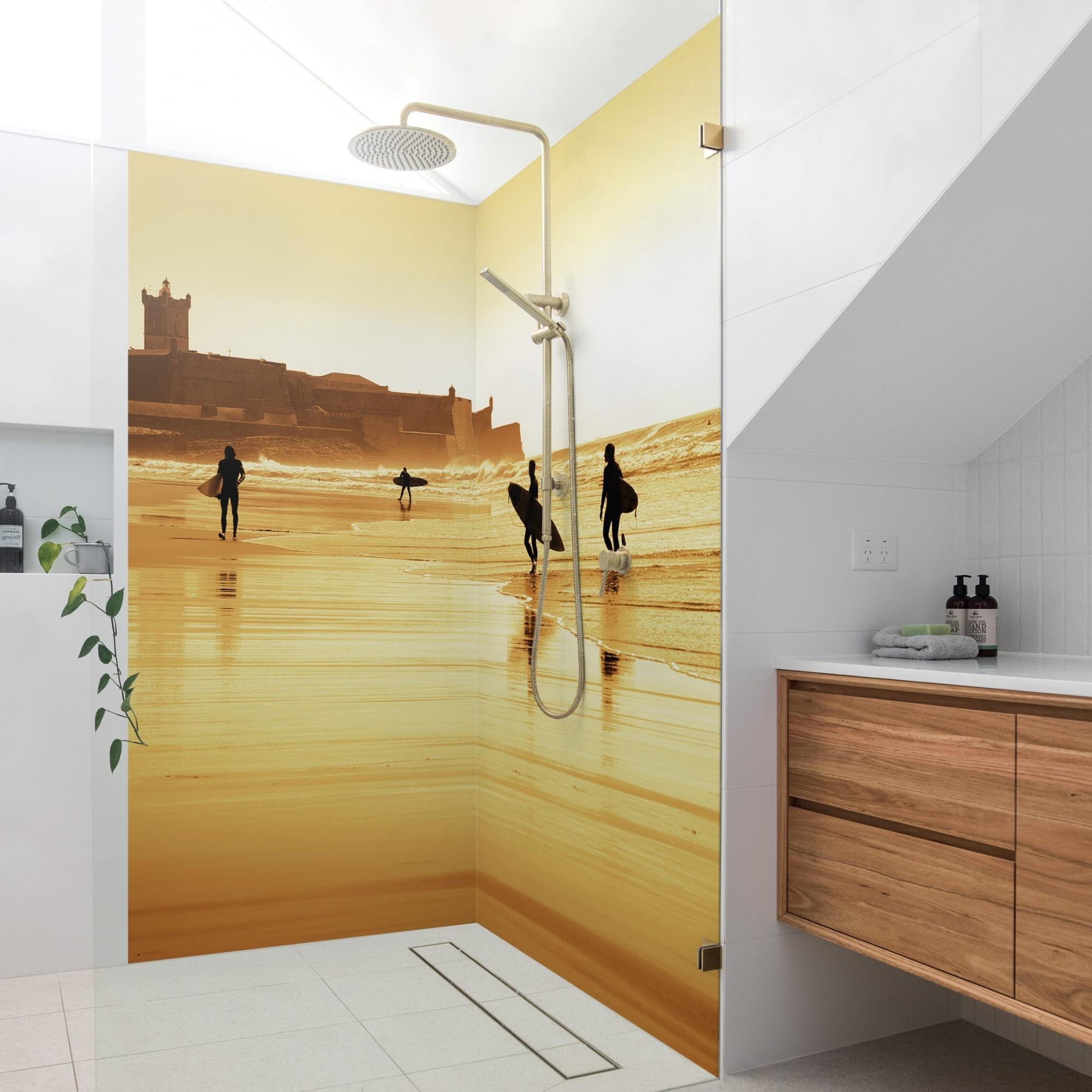 Duschrückwand Strand selbstklebend - 0.61 mm Wandpaneel wasserfest Meerblick gelb Maritim Badrückwand fugenlos Premium matt 110x210 cm