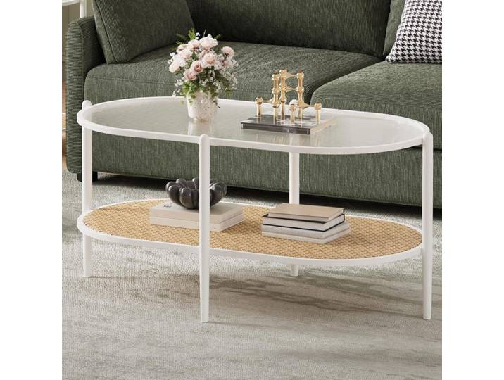 AFF Table Basse Ovale 2 Niveaux Verre Strié Étagère Rotin Métal Salon Moderne Table d'Appoint Double Plateau 95x50x46cm