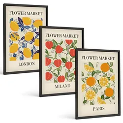 BILDER SET 3er Set - 40x60 cm Schwarzer Rahmen - Blumenplakate in Städten