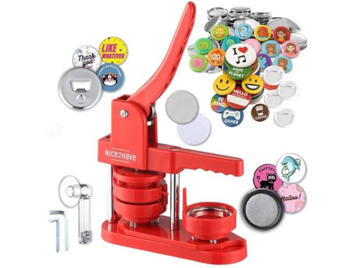 nice2have Knopfmacher-Maschine, 58 mm, 100 Knöpfe, 5 Flaschenöffner, 5 Kühlschrankmagnete, über 500 Designs, Kreisschneider und magisches Buch und Papier) – Installationsfreie Pin-Maschine