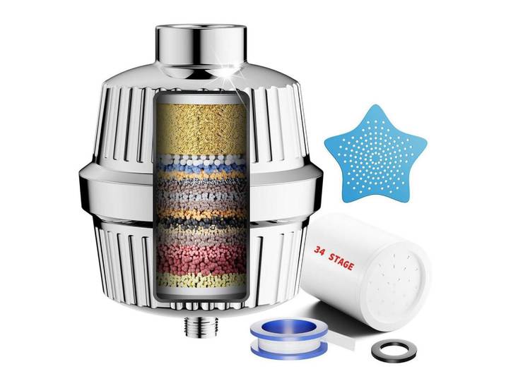 Duschfilter 34-Stufen mit Vitamin C für hartes Wasser, Silberfarben, Metall, 9.5x12.7x9.5 cm, Badezimmer, Baden & Duschen, Duschköpfe & Duschschläuche