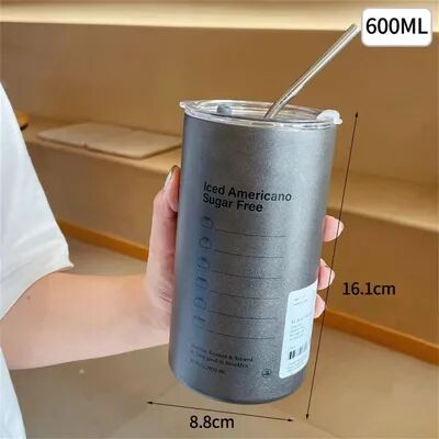 Multicon Wholesale Hub Portable Thermos Cup With Straw, Stainless Steel Coffee Mug, Thermal Insulated Water Bottle grey